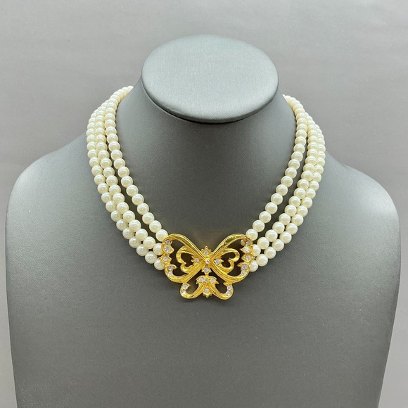 Avon Jewelry - Avon Necklace 3 Strand Faux Pearls Gold Tone Rhinestone Bow Vintage 16 Inch